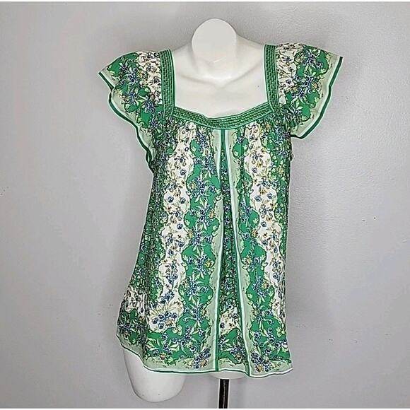 Max Studio Floral Square Neck Peasant Blouse Green Flutter Sleeve Boho Hippie - Picture 1 of 8